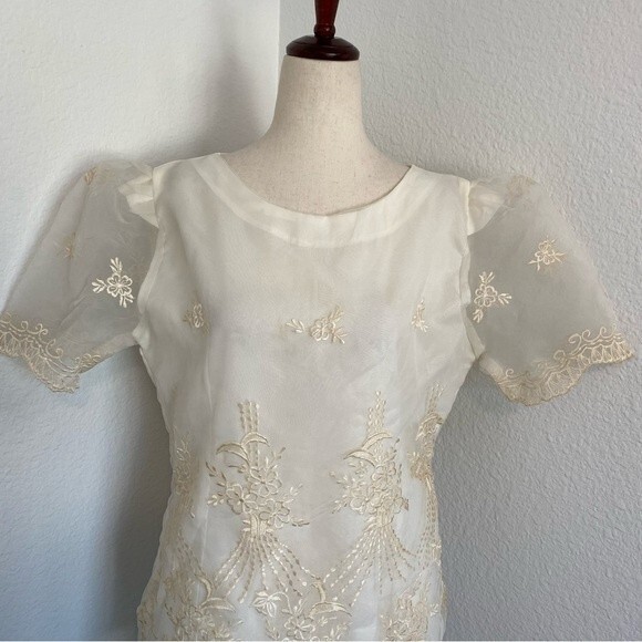 Formal Bridal 2 Piece Ivory Embroidered Sheer Vintage Top Midi Skirt Unique SZ L - Picture 6 of 11